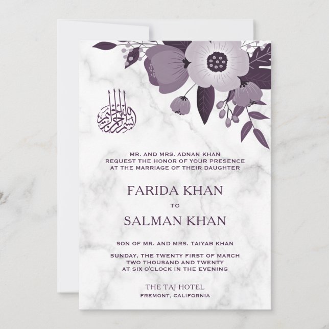 Invitation Marbre blanc floral violet foncé Mariage islamique (Devant)