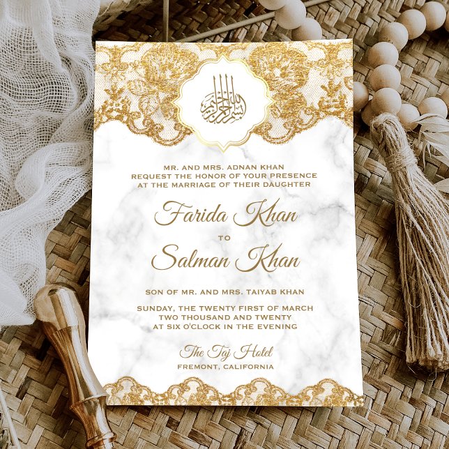 Invitation Marbre blanc Gold Foil Lace islamique musulman Mar (Créateur téléchargé)