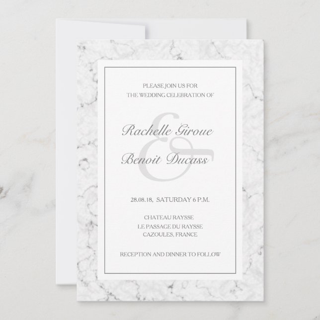 Invitation Marbre blanc gris noir élégant mariage moderne (Devant)