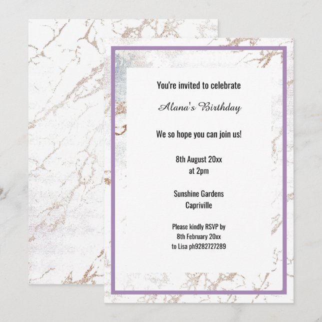 INVITATION MARBRE BLANC LILAC PURPLE THIN TRIM ANNIVERSAIRE (Devant / Derrière)