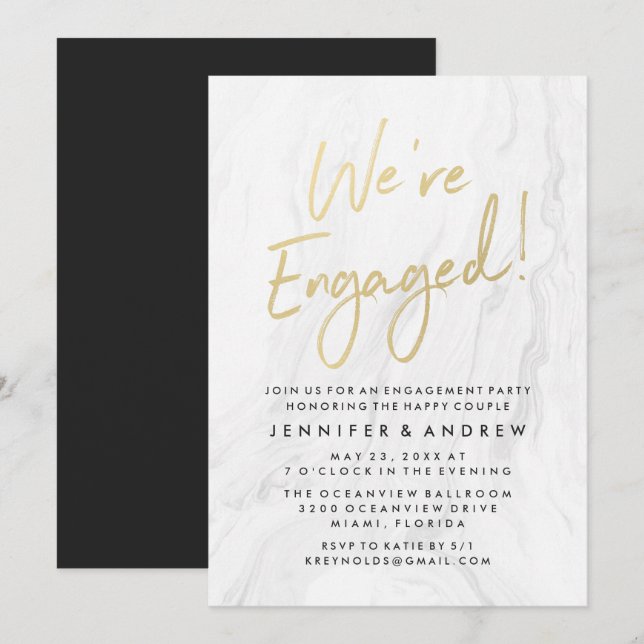Invitation Marbre blanc moderne Gold Script | Partie d'engage (Devant / Derrière)
