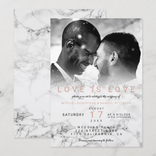 Invitation Marbre blanc moderne ombre photo gay mariage