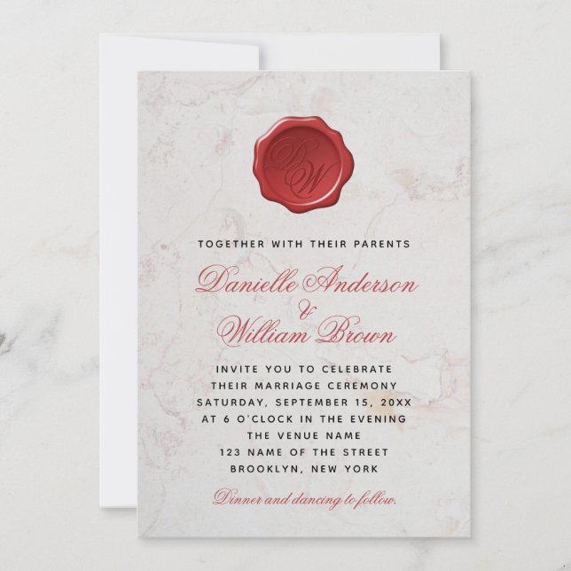 Invitation Marbre blanc Monogramme rouge Script cire Mariage  (Devant)