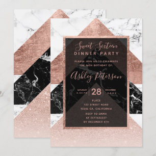 Invitation Marbre blanc noir d'or rose moderne Sweet 16