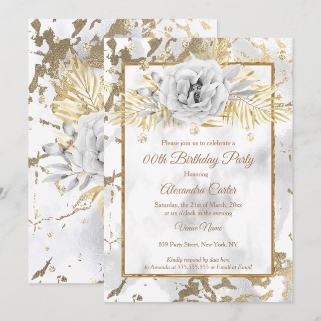 Invitation Marbre blanc or Rose florale Fête d'anniversaire (Devant / Derrière)