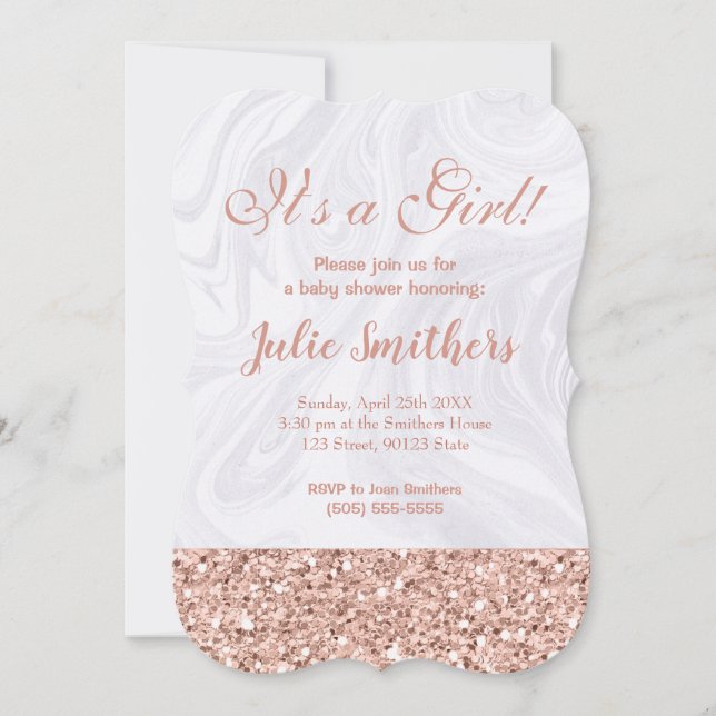 Invitation Marbre blanc Parties scintillant rose Baby shower  (Devant)