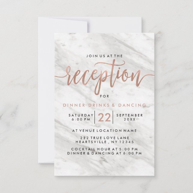Invitation Marbre blanc & Rose Gold Moderne Mariage Réception (Devant)