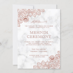 Invitation Marbre blanc Rose Or dentelle islamique Mehndi