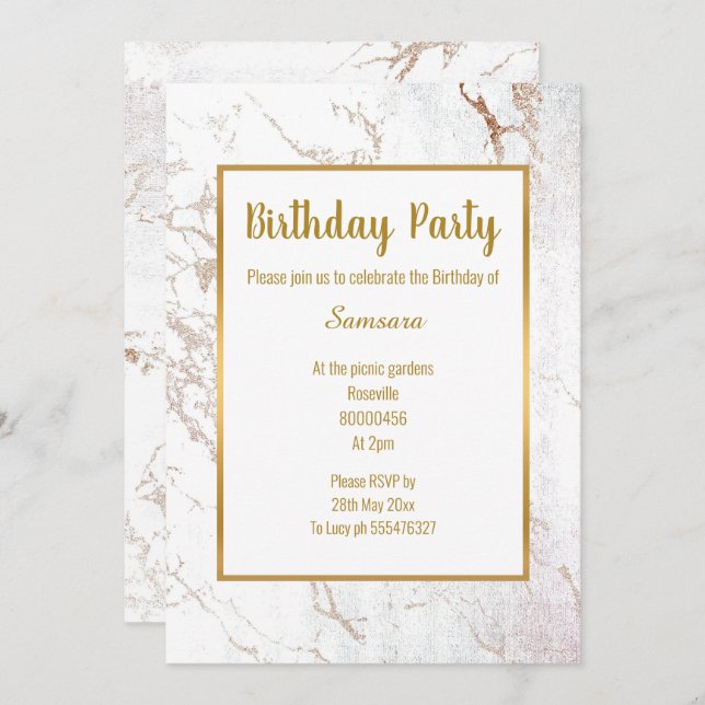 Invitation Marbre blanc Rose or double face ANNIVERSAIRE (Devant / Derrière)