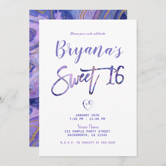 Invitation Marbre blanc violet doré Chic Glam Sweet 16 Partie (Devant / Derrière)