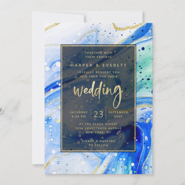 Invitation Marbre bleu brillant avec Mariage feuille or (Devant)