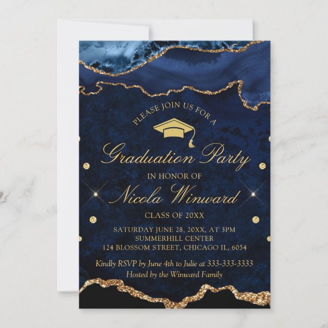 Invitation Marbre bleu de la marine moderne Partie de graduat (Devant)