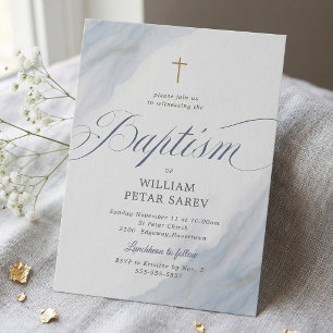 Invitation Marbre Bleu Doux Croix Baptême