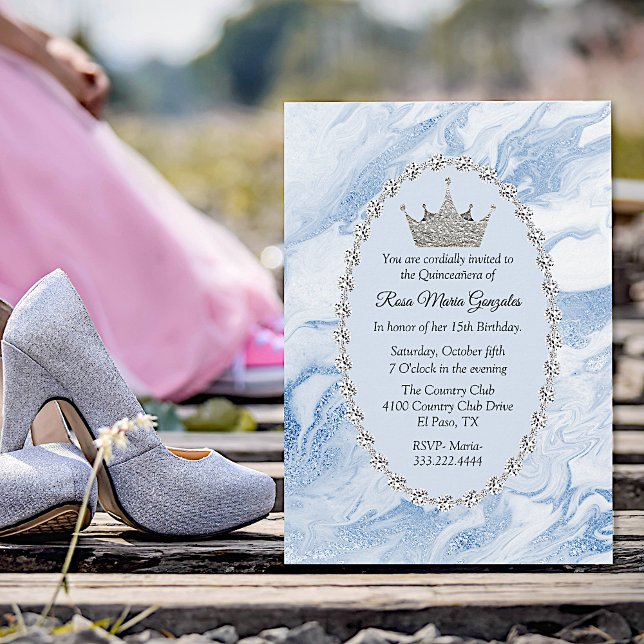 Invitation Marbre bleu et diamants Couronne Quinceañera (Créateur téléchargé)