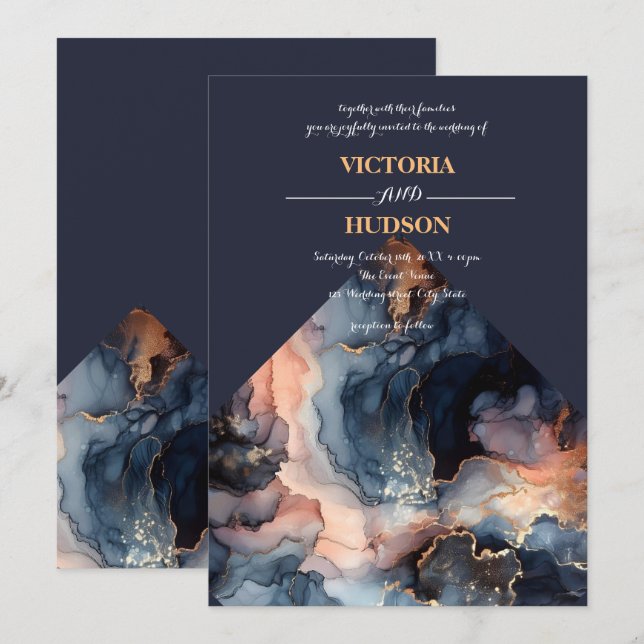 Invitation Marbre bleu marine et marbre doré (Devant / Derrière)