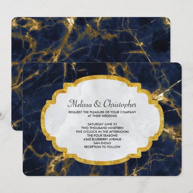 Invitation Marbre bleu marine et or Marbre moderne Mariage mo (Devant / Derrière)