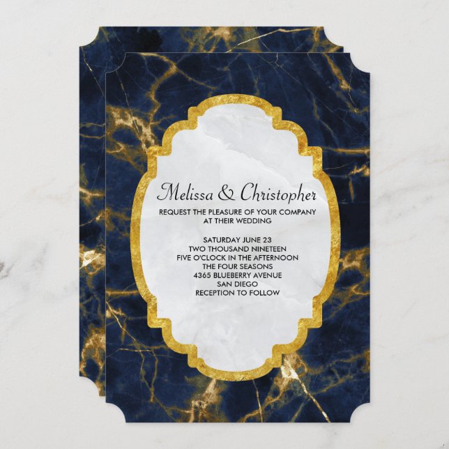 Invitation Marbre bleu marine et or Marbre moderne Mariage mo (Devant / Derrière)