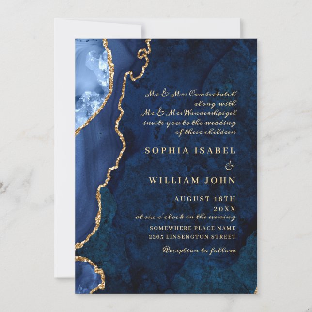 Invitation Marbre bleu marine moderne Mariage d'âge (Devant)