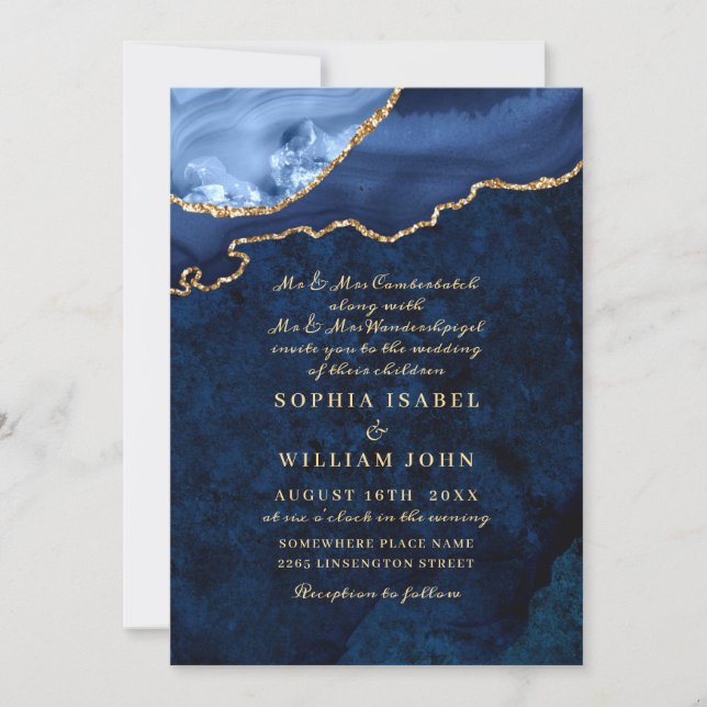 Invitation Marbre bleu marine moderne Mariage d'âge (Devant)