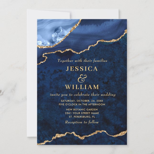 Invitation Marbre bleu marine moderne Mariage d'âge (Devant)