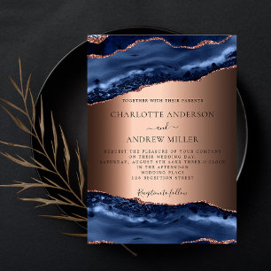 Invitation Marbre bleu marine rose or luxe mariage