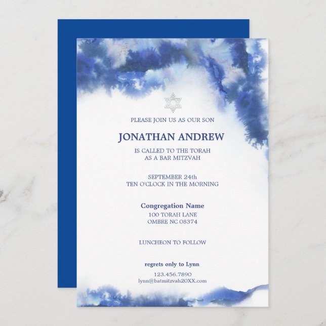 Invitation Marbre bleu moderne Ocean Ombre Bar Mitzvah (Devant / Derrière)