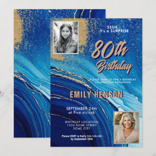 Invitation Marbre Bleu Or Paillettes 2 Photo 80ème Anniversai