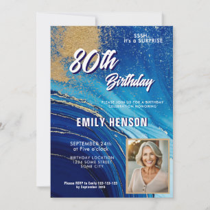 Invitation Marbre Bleu Or Paillettes Photo 80ème Anniversaire