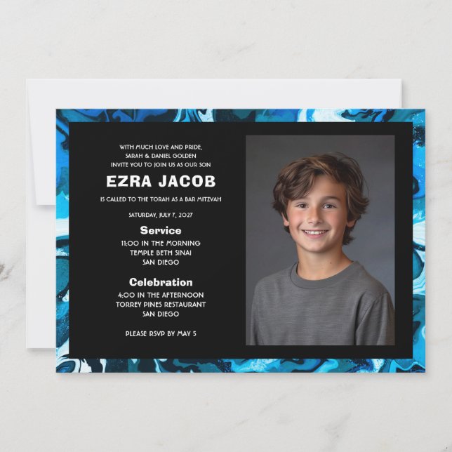 Invitation Marbre Bleu PHOTO personnalisée Bar Mitzvah (Devant)