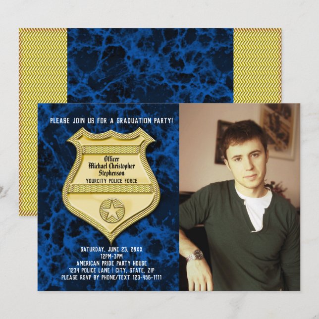 Invitation Marbre Bleu Photo Police Graduation Party (Devant / Derrière)