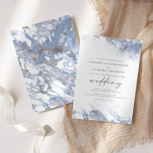 Invitation Marbre chic Dusty Blue Mariage argent
