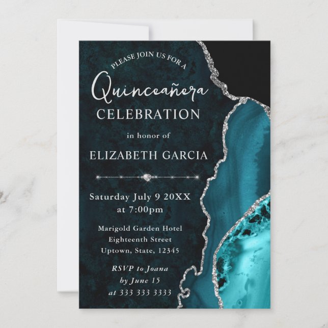 Invitation Marbre d'agate argent sarcelle Glam Quinceañera (Devant)