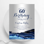 Invitation Marbre d'agate bleu de la marine d'argent 60e anni<br><div class="desc">Invitation à la fête du 60e anniversaire en bleu et argent de la Marine. Elégant design moderne avec aquarelle bleu royal agate marbre arrière - plan, faux parties scintillant argent et typographie script police. Carte invitation branchée parfaite pour une célébration anniversaire féminine élégante. Invitations Zazzle imprimées ou téléchargement instantané modèle...</div>