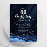 Invitation Marbre d'agate bleu marine en argent 60e anniversa<br><div class="desc">Invitation à la fête du 60e anniversaire en bleu et argent de la Marine. Elégant design moderne avec aquarelle bleu royal agate marbre arrière - plan, faux parties scintillant argent et typographie script police. Carte invitation branchée parfaite pour une célébration anniversaire féminine élégante. Invitations Zazzle imprimées ou téléchargement instantané modèle...</div>