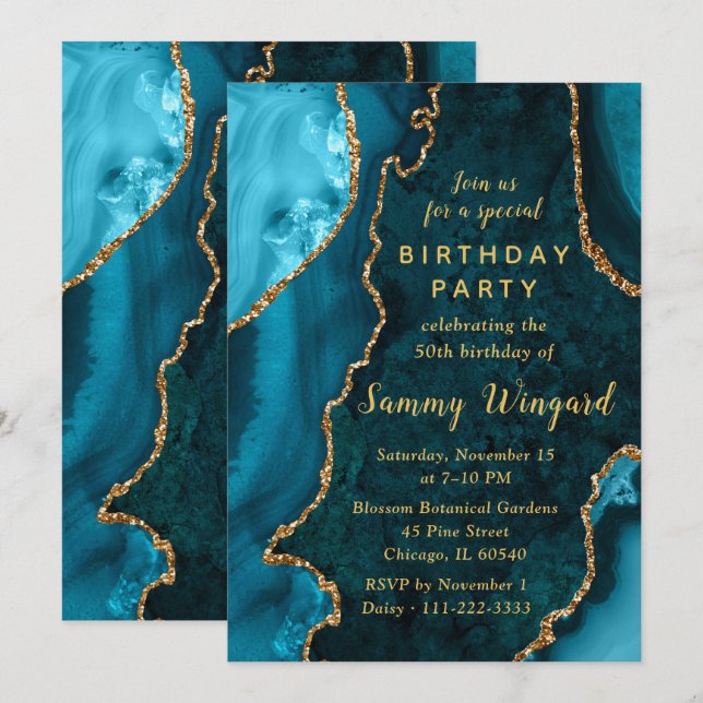 Invitation Marbre d'agate bleu-vert et or Fête d'anniversaire (Devant / Derrière)