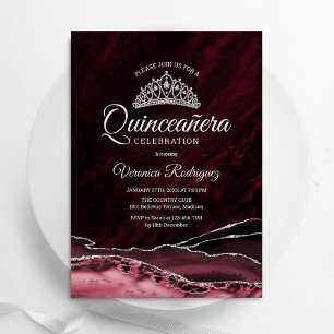 Invitation Marbre d'Agate d'Argent Rouge Quinceanera