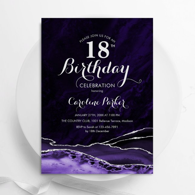 Invitation Marbre d'agate d'argent violet 18e anniversaire (Créateur téléchargé)