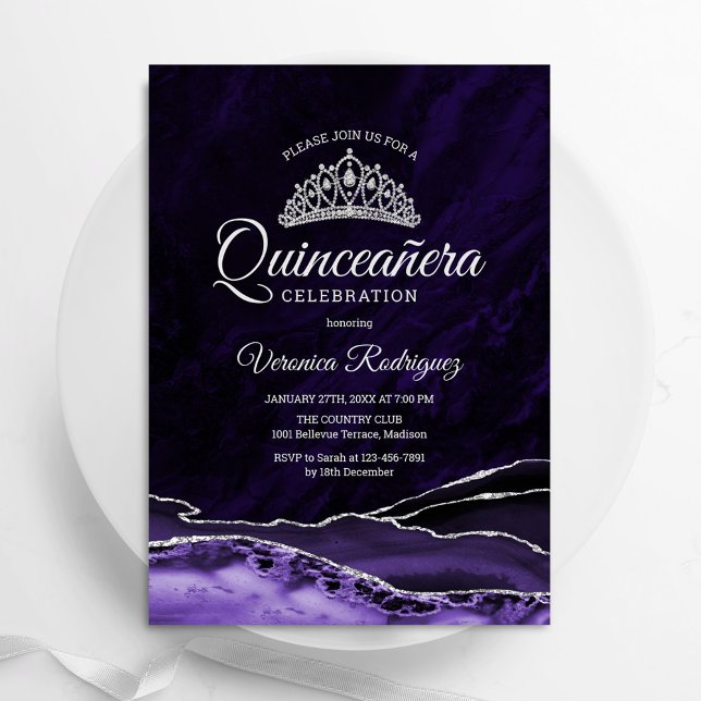 Invitation Marbre d'Agate d'Argent Violet Quinceanera (Créateur téléchargé)