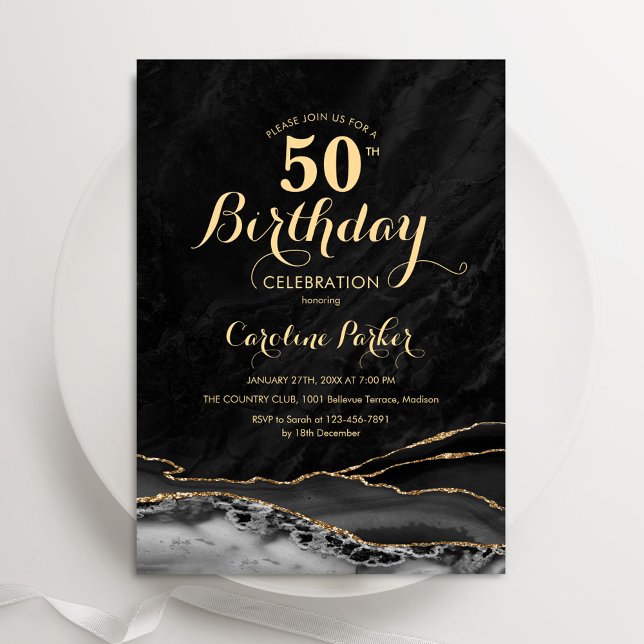 Invitation Marbre d'agate d'or noir 50e anniversaire (Créateur téléchargé)