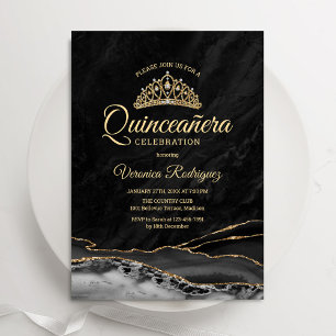 Invitation Marbre d'agate d'or noir Quinceanera
