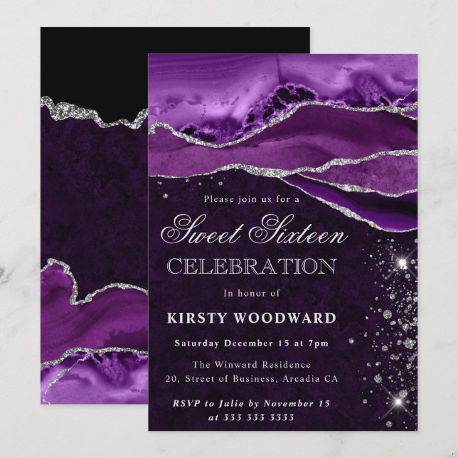 Invitation Marbre d'agate pailleté argent pourpre Sweet Sixte (Devant / Derrière)