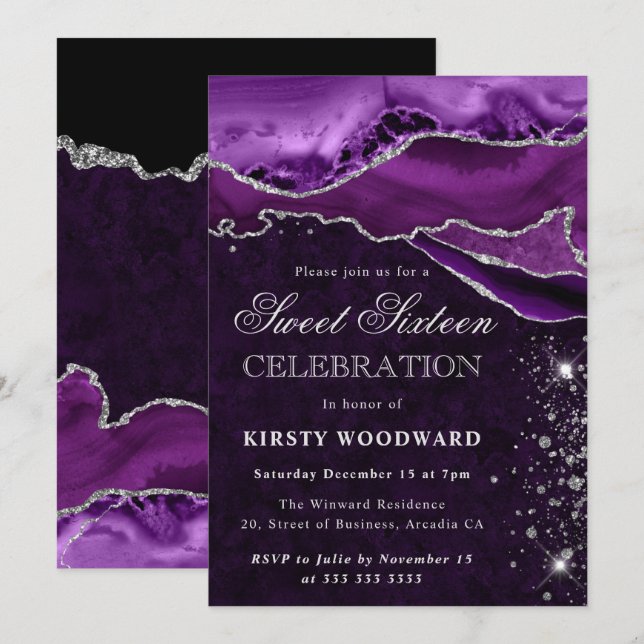 Invitation Marbre d'agate pailleté argent violet Sweet Sixtee (Devant / Derrière)