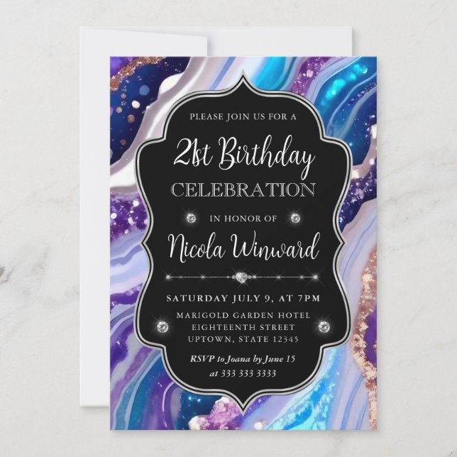 Invitation Marbre d'agate pailleté bleu et violet pour 21e an (Devant)
