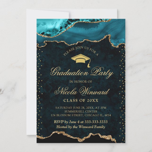Invitation Marbre d'agate sarcelle et or élégant pour la remi (Devant)