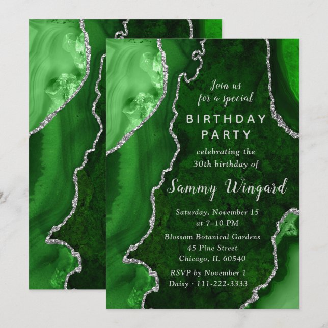 Invitation Marbre d'agate vert et argent Fête d'anniversaire  (Devant / Derrière)