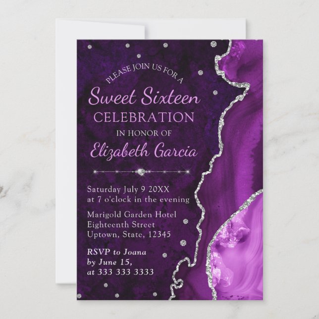 Invitation Marbre d'agate violet et argent pailleté Sweet 16 (Devant)