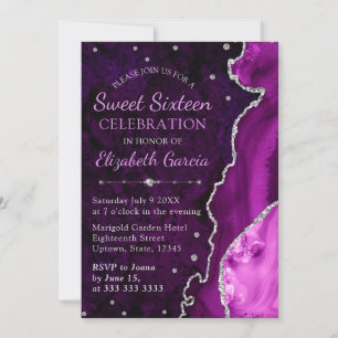 Invitation Marbre d'agate violet et argent pailleté Sweet 16