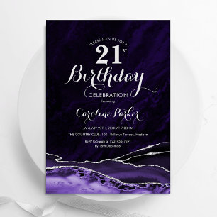 Invitation Marbre d'âge mauve en argent 21e anniversaire