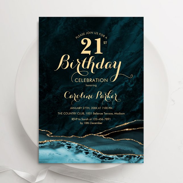 Invitation Marbre d'âge or turquoise 21e anniversaire (Créateur téléchargé)