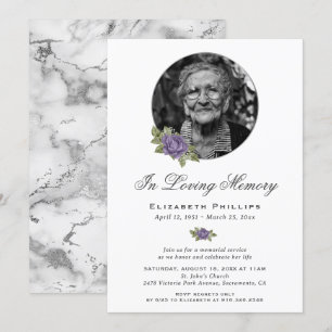 Invitation Marbre d'argent violet Floral Photo Service Memori
